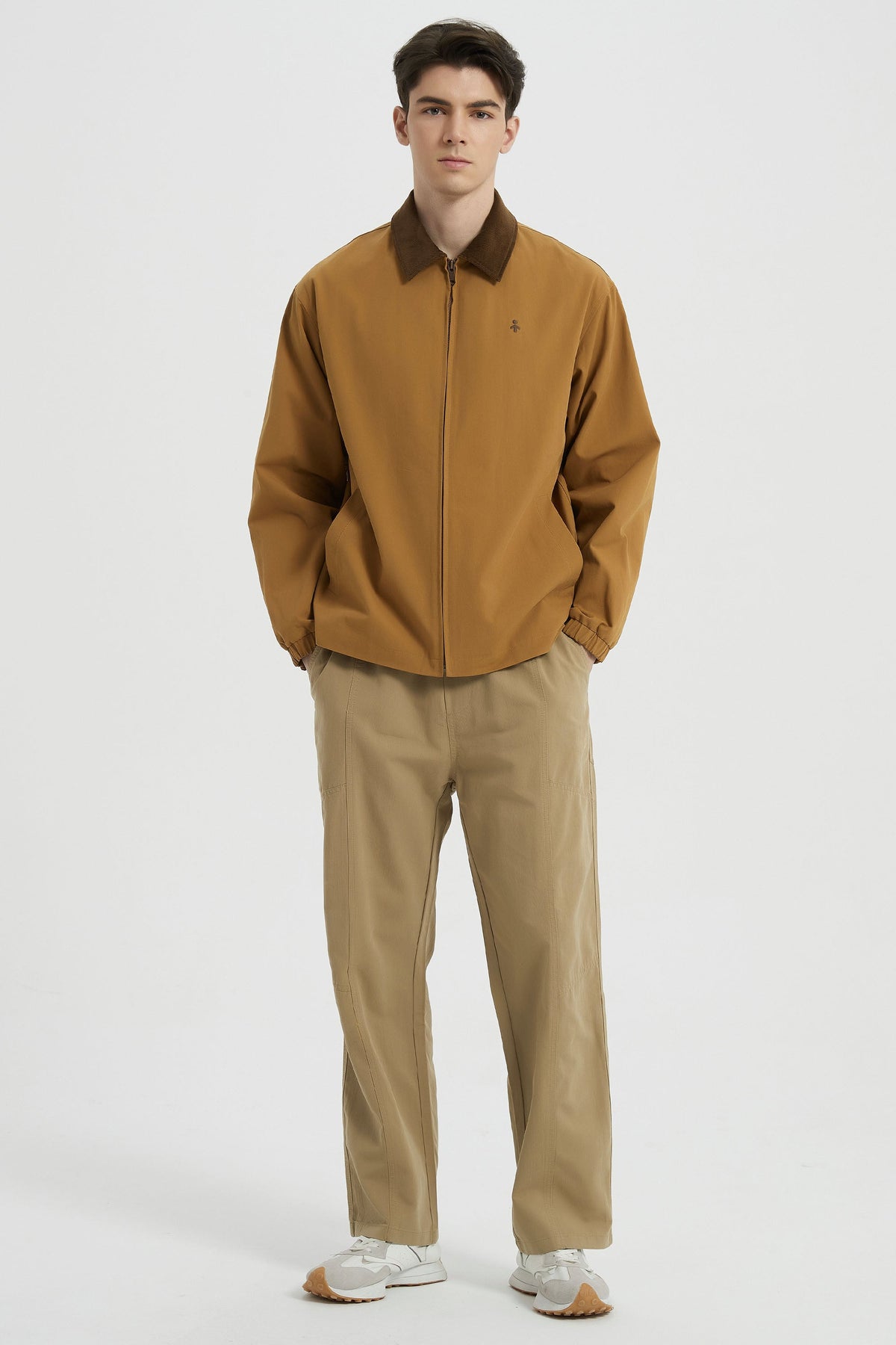 Men's solid bomber jacket with collared neckline, zip front and long sleeves