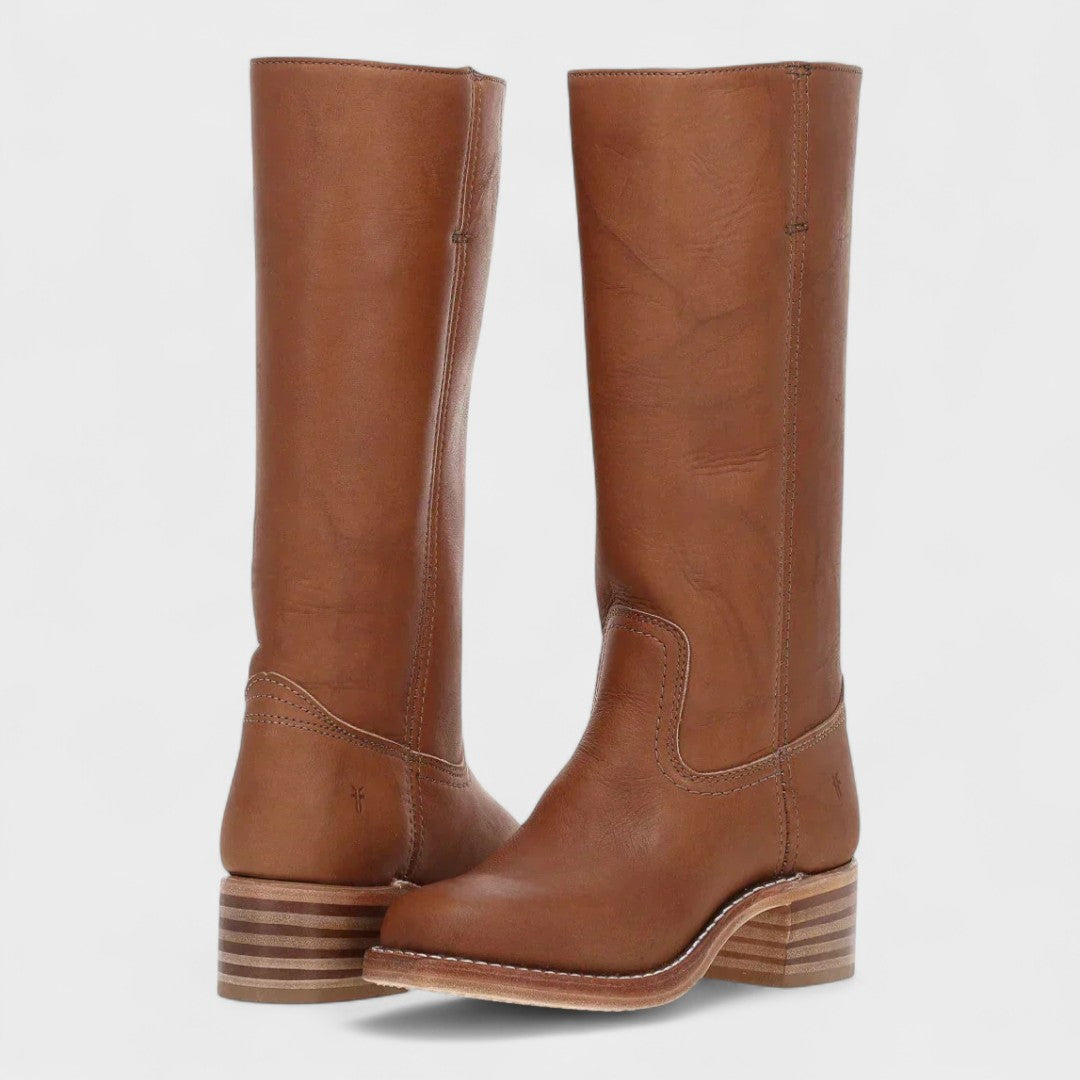 Women's tall pull-on cowboy boots with stitched panels and low block heels