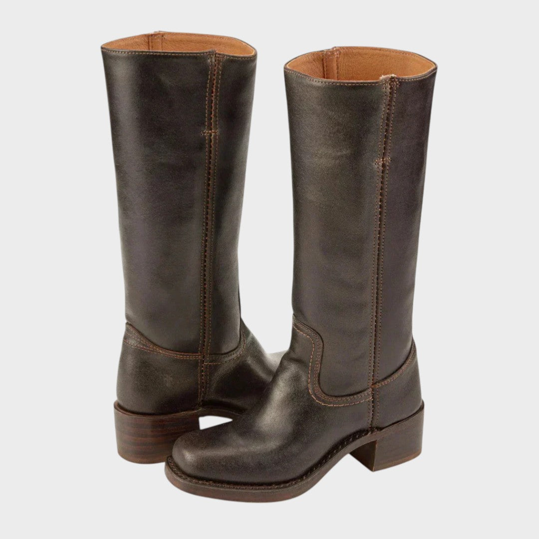 Women's tall pull-on cowboy boots with stitched panels and low block heels