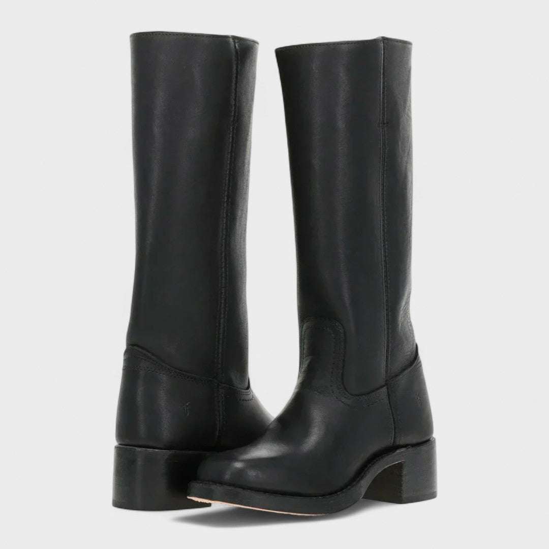 Women's tall pull-on cowboy boots with stitched panels and low block heels