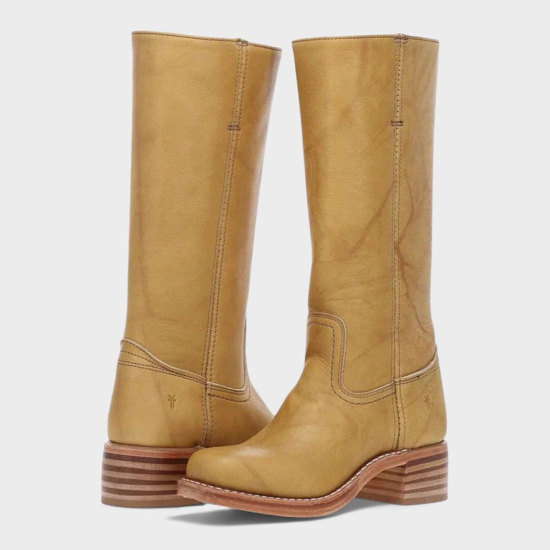 Women's tall pull-on cowboy boots with stitched panels and low block heels