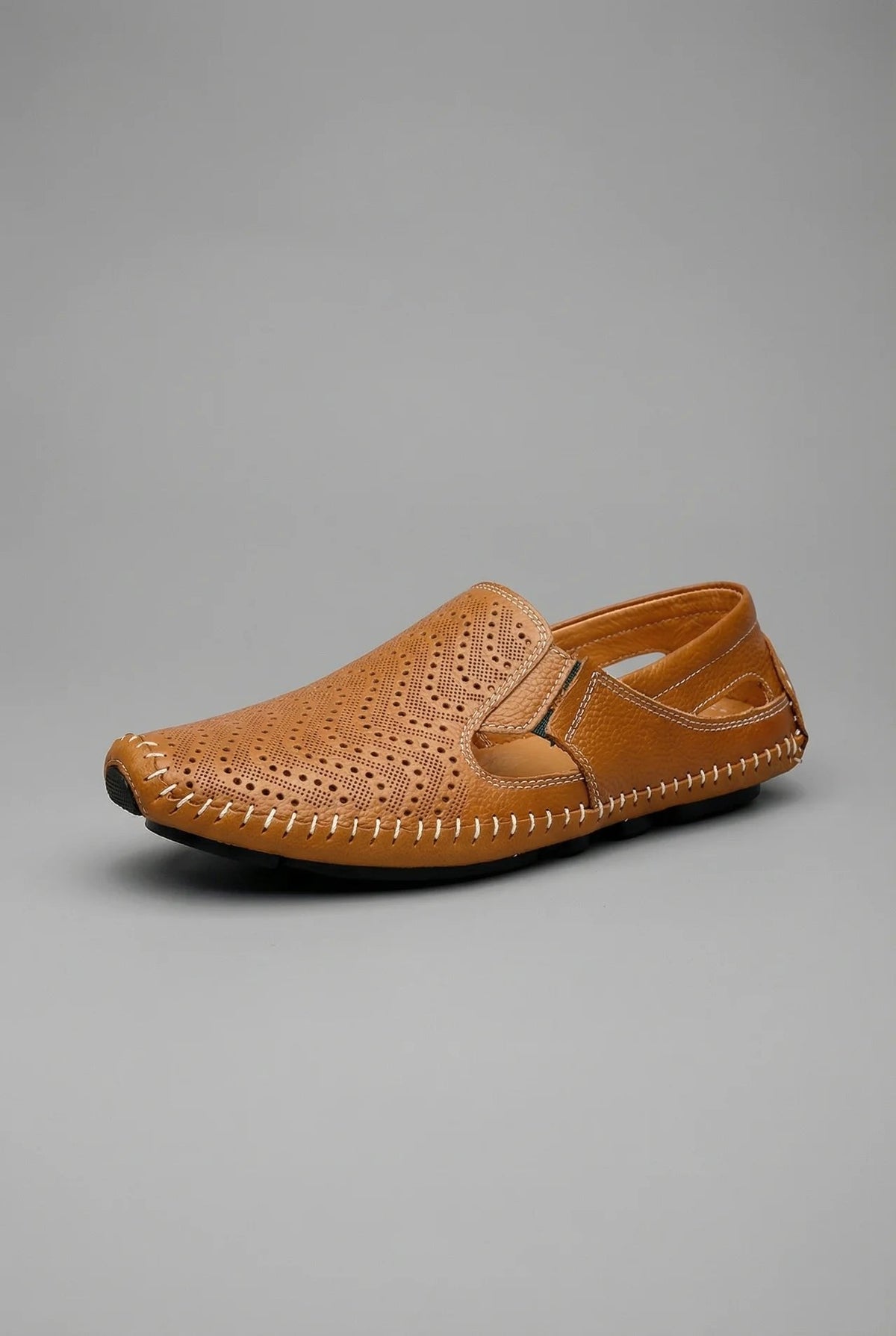 Men's perforated slip-on loafers with round toes and stitched soles