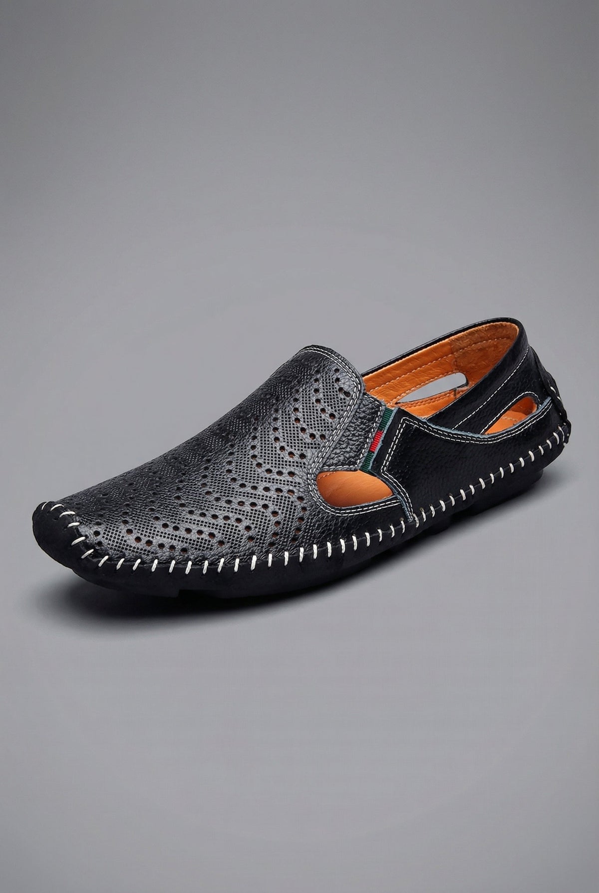Men's perforated slip-on loafers with round toes and stitched soles