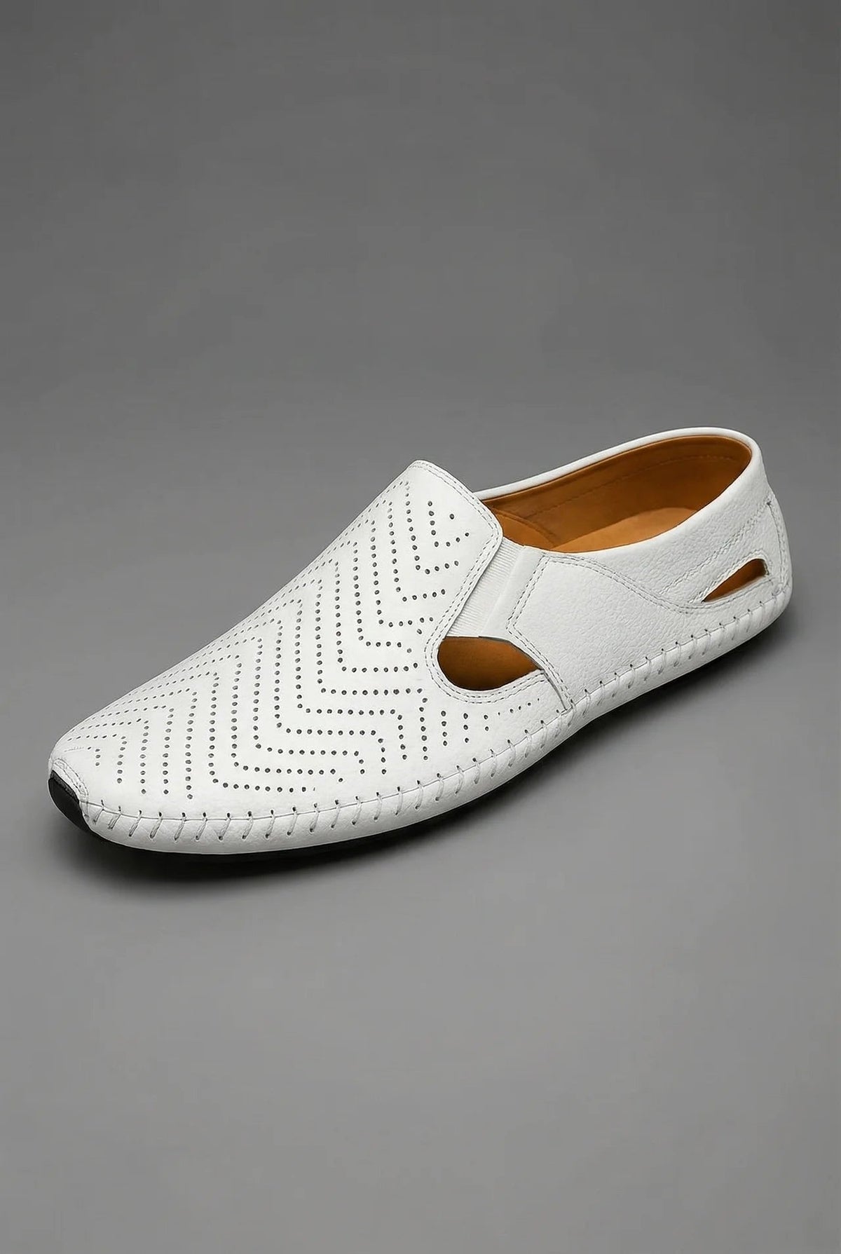 Men's perforated slip-on loafers with round toes and stitched soles