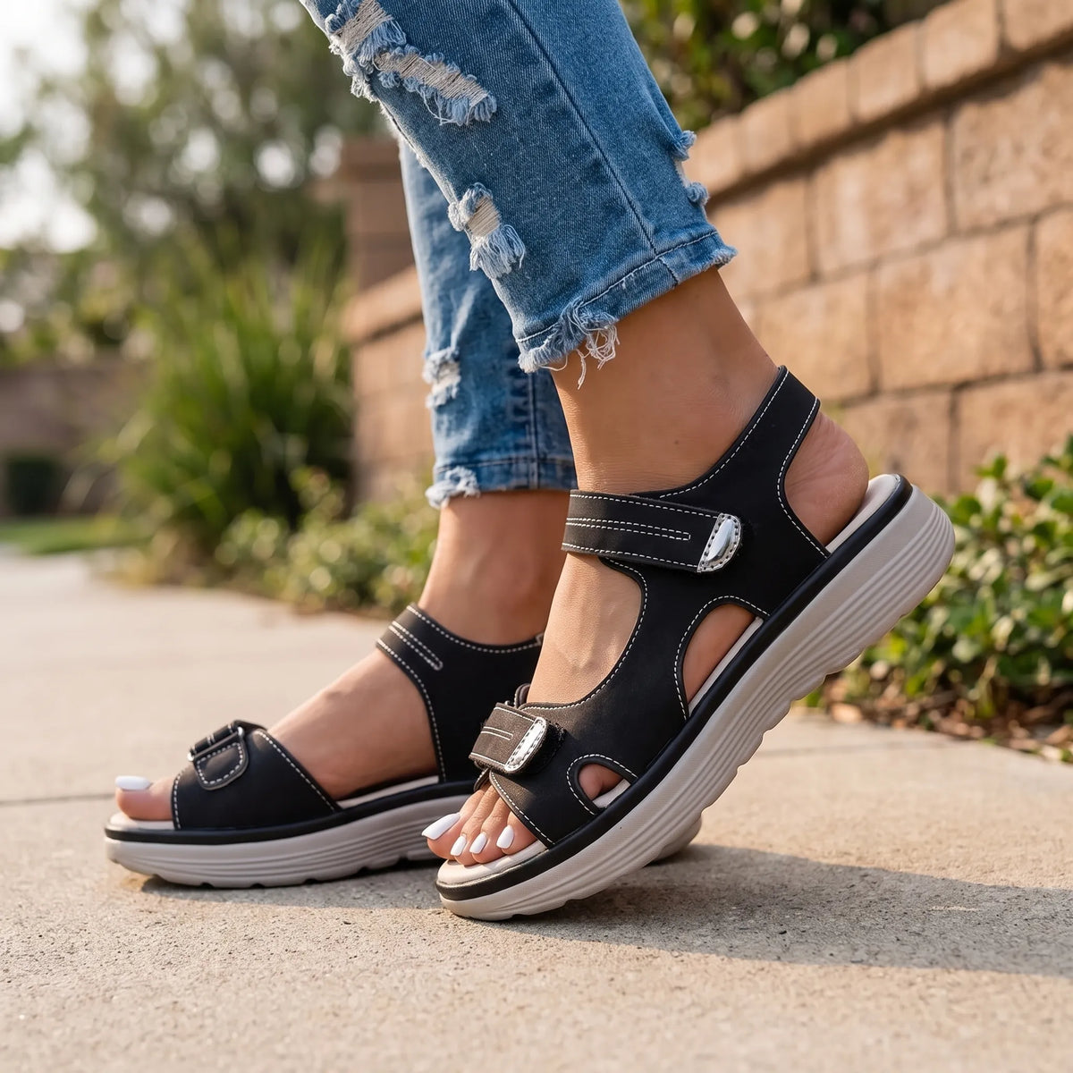 Women's black open-toe sandals with two adjustable buckled straps and raised textured soles
