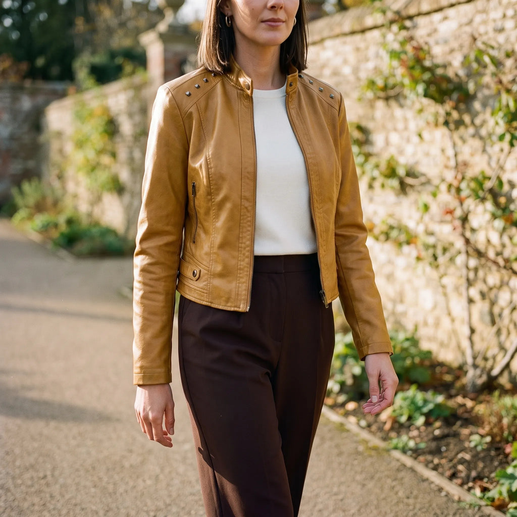 Otterburn  - Cropped Faux Leather Biker Jacket Layering Over Dresses