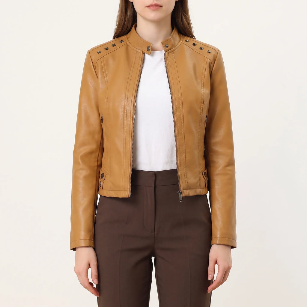 Otterburn  - Cropped Faux Leather Biker Jacket Layering Over Dresses