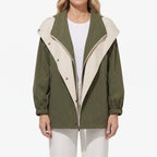 Women's oversized two-tone utility jacket with wide collar and long sleeves