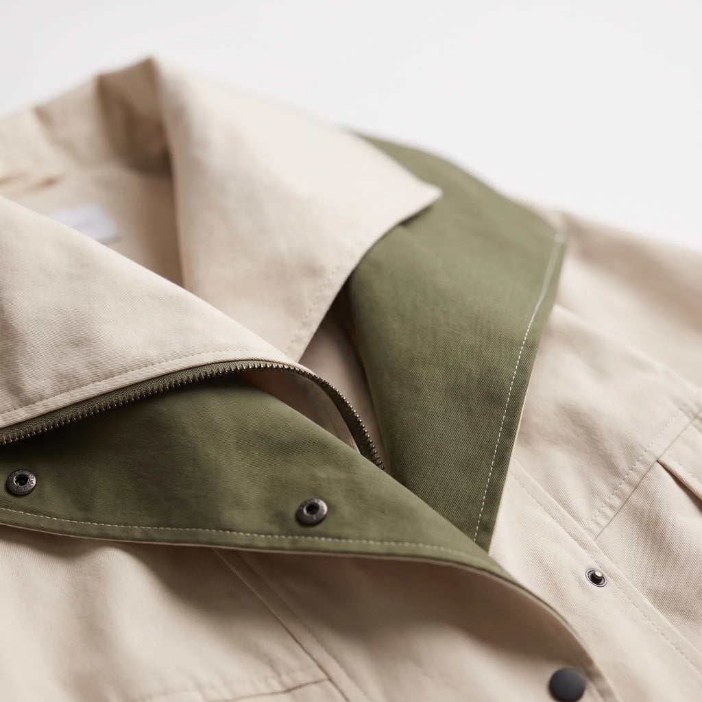 Women's oversized two-tone utility jacket with wide collar and long sleeves