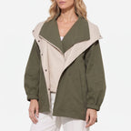 Women's oversized two-tone utility jacket with wide collar and long sleeves