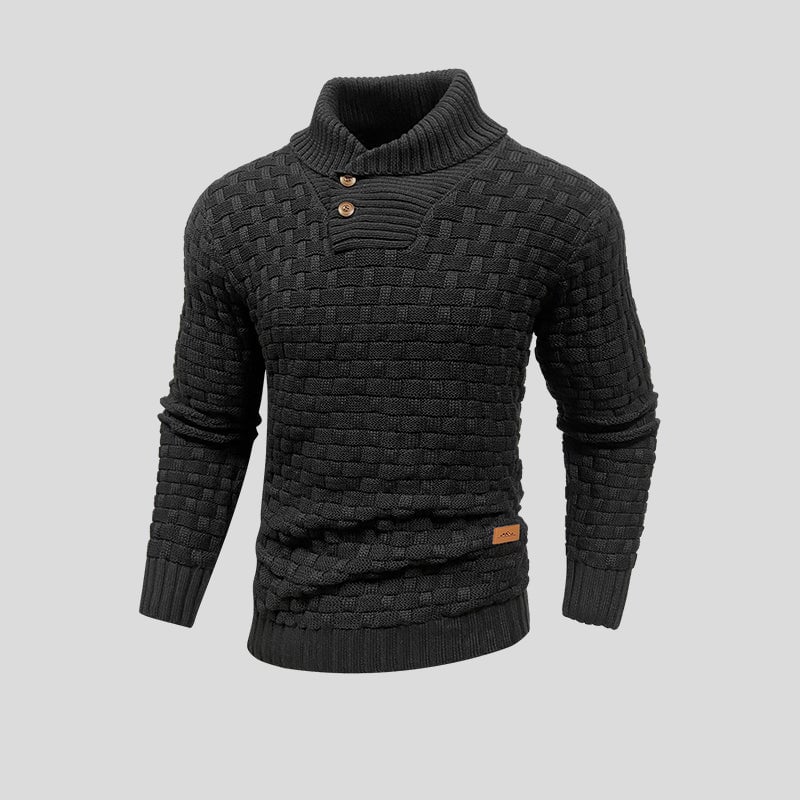 Men's textured knit jumper with funnel neck, buttons and ribbed trims
