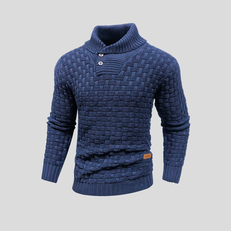 Men's textured knit jumper with funnel neck, buttons and ribbed trims