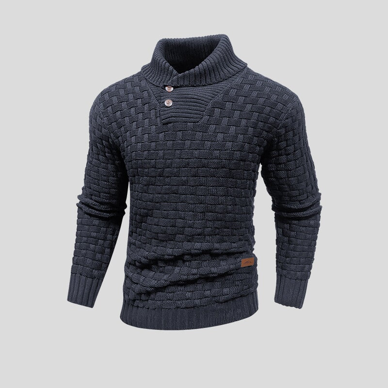 Men's textured knit jumper with funnel neck, buttons and ribbed trims
