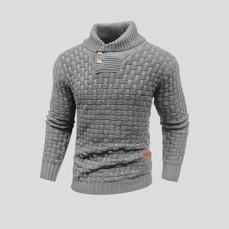 Men's textured knit jumper with funnel neck, buttons and ribbed trims