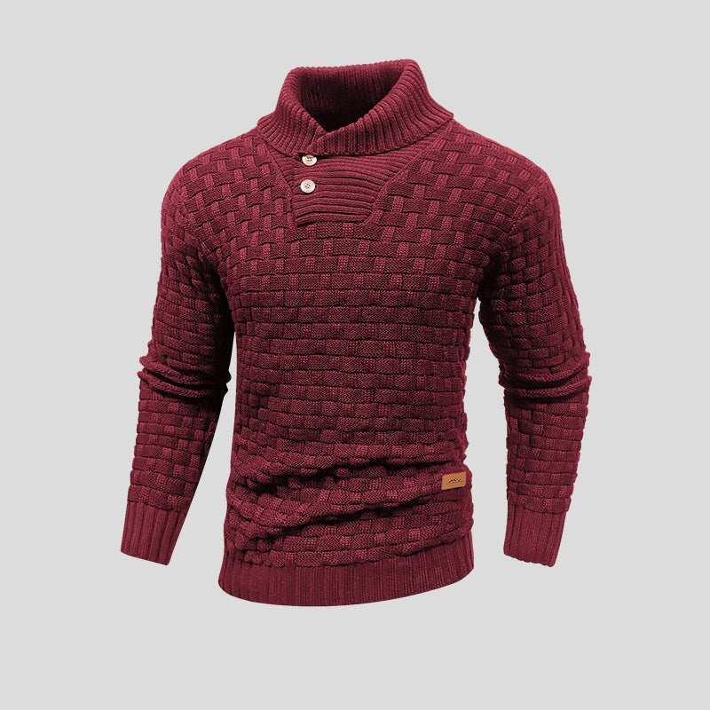 Men's textured knit jumper with funnel neck, buttons and ribbed trims