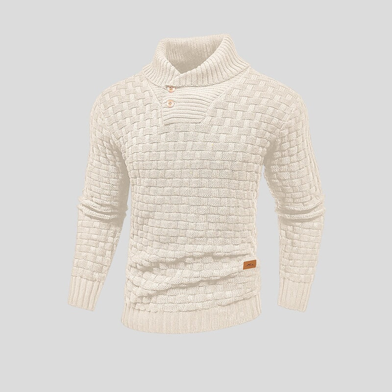 Men's textured knit jumper with funnel neck, buttons and ribbed trims