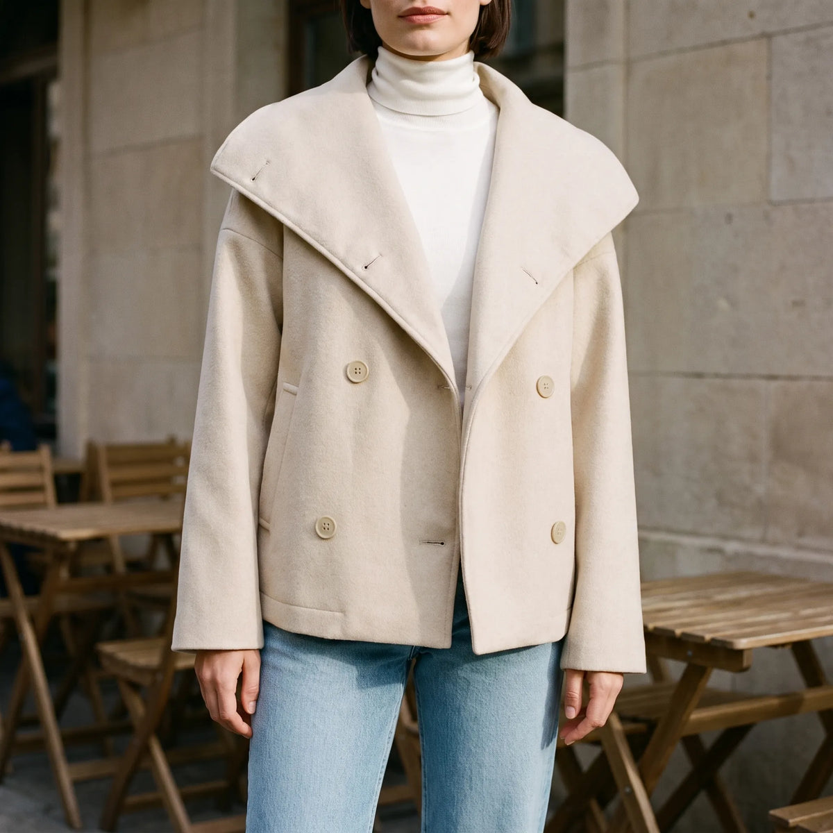 Women's short double-breasted jacket with oversized stand collar and long sleeves