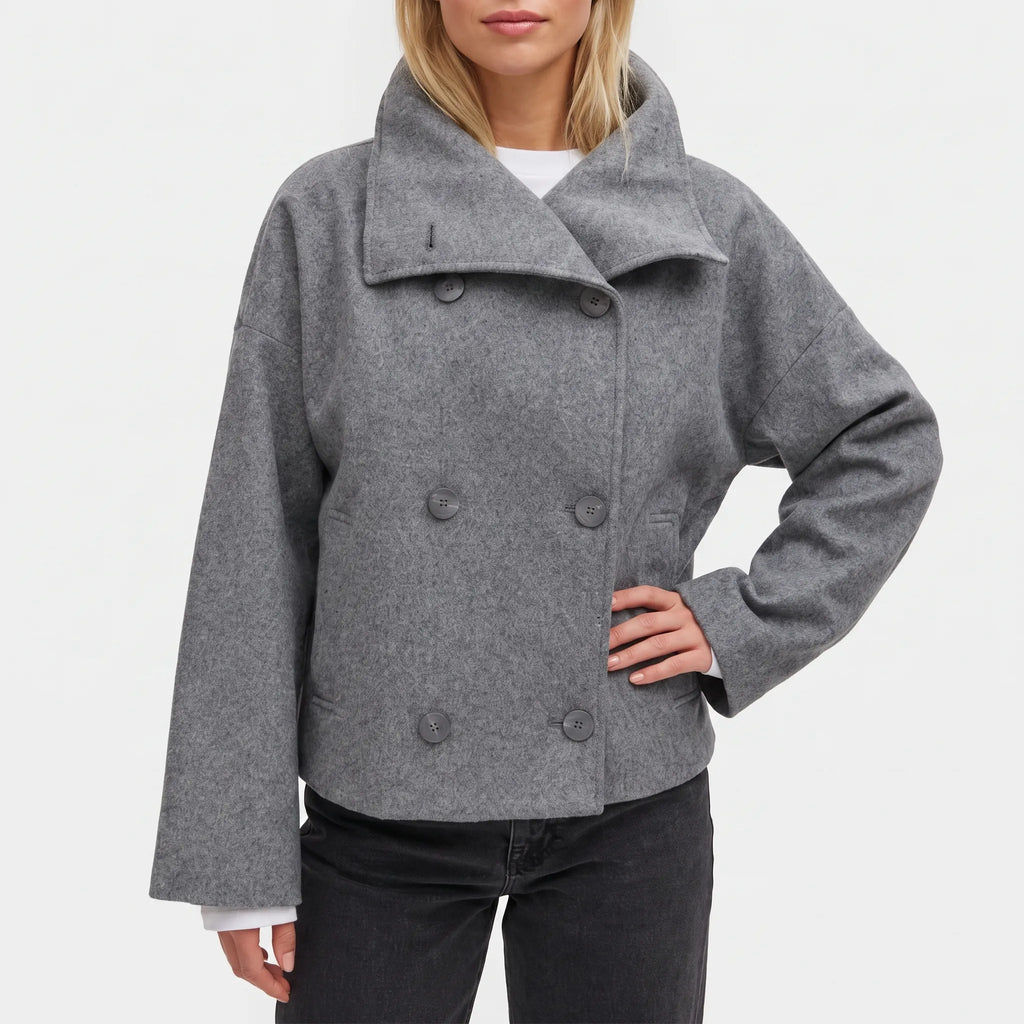 Women's short double-breasted jacket with oversized stand collar and long sleeves