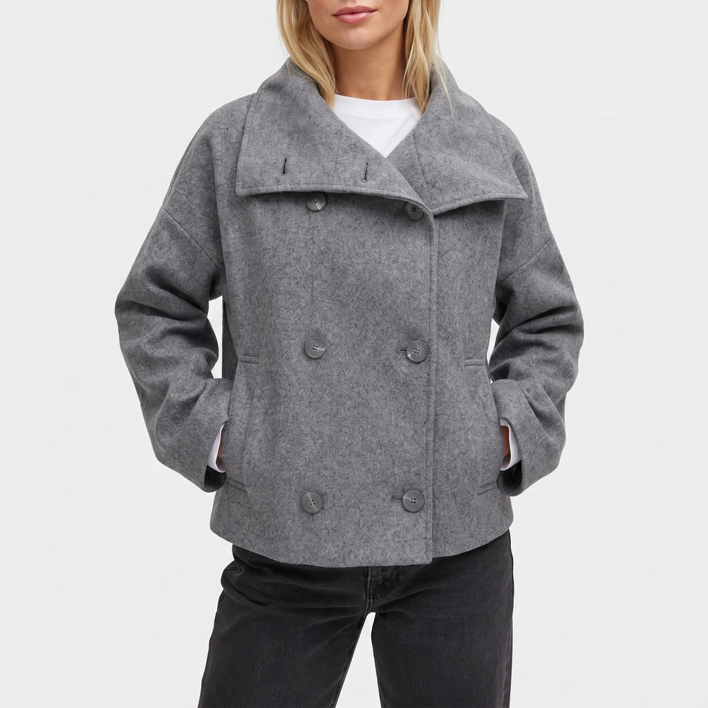 Women's short double-breasted jacket with oversized stand collar and long sleeves