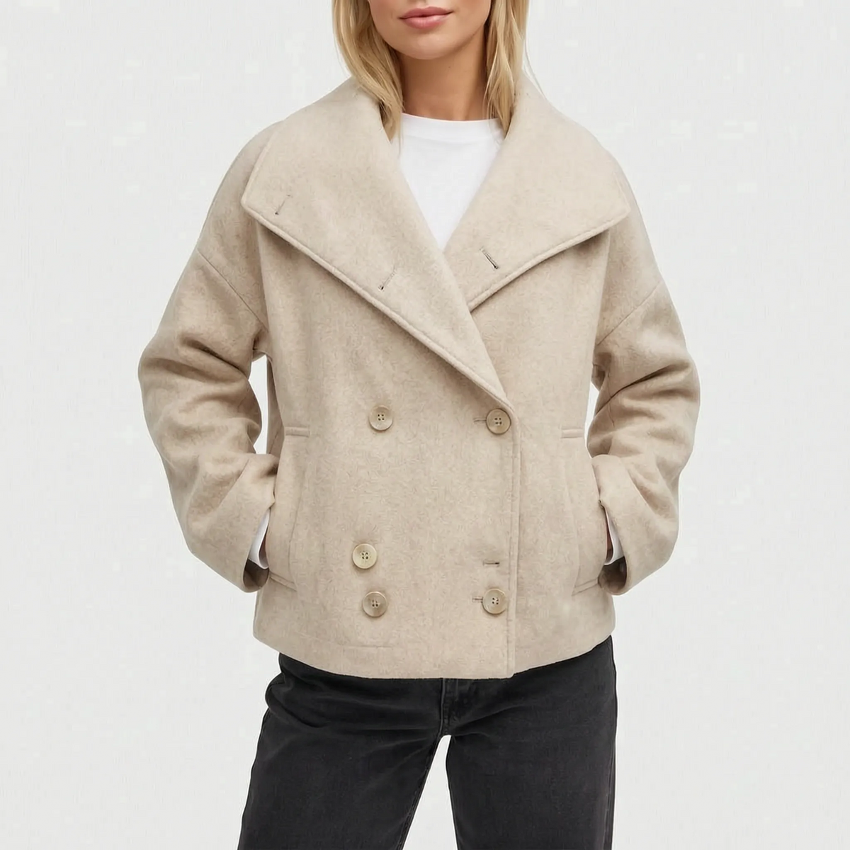 Women's short double-breasted jacket with oversized stand collar and long sleeves