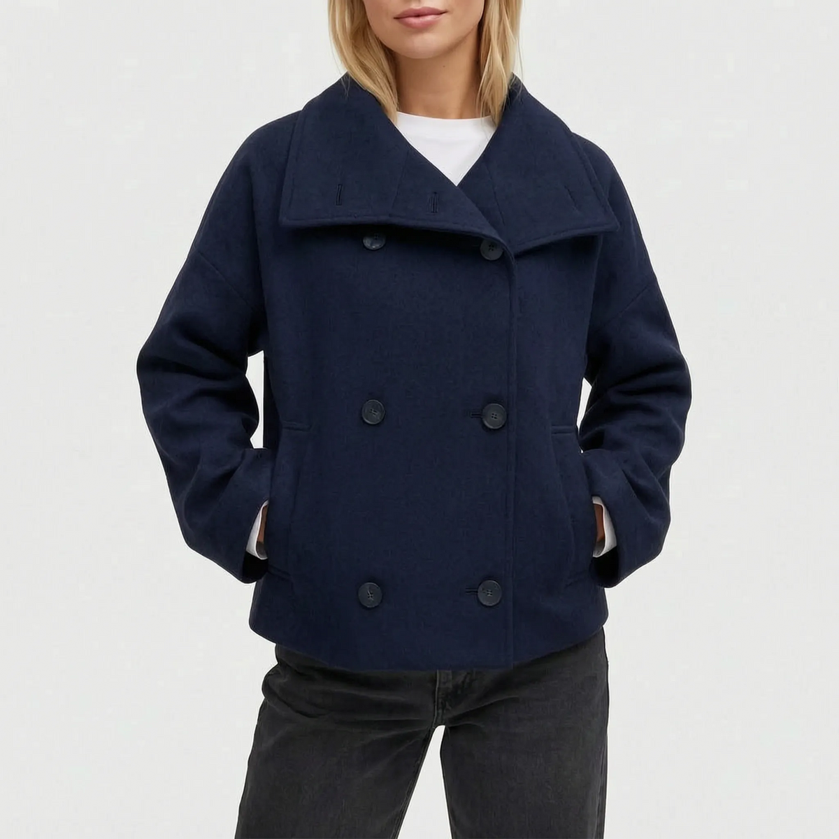 Women's short double-breasted jacket with oversized stand collar and long sleeves