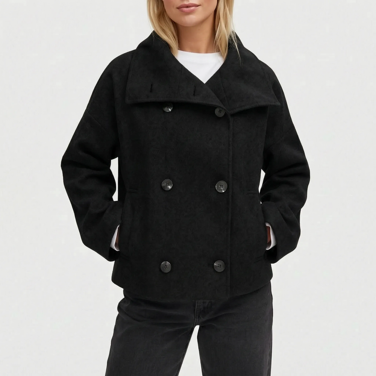 Women's short double-breasted jacket with oversized stand collar and long sleeves