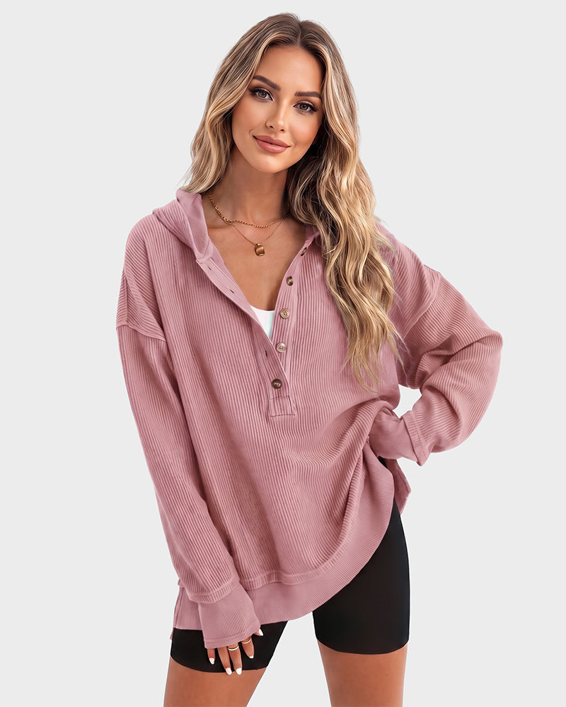 Women's oversized ribbed hooded sweatshirt with button placket and long sleeves