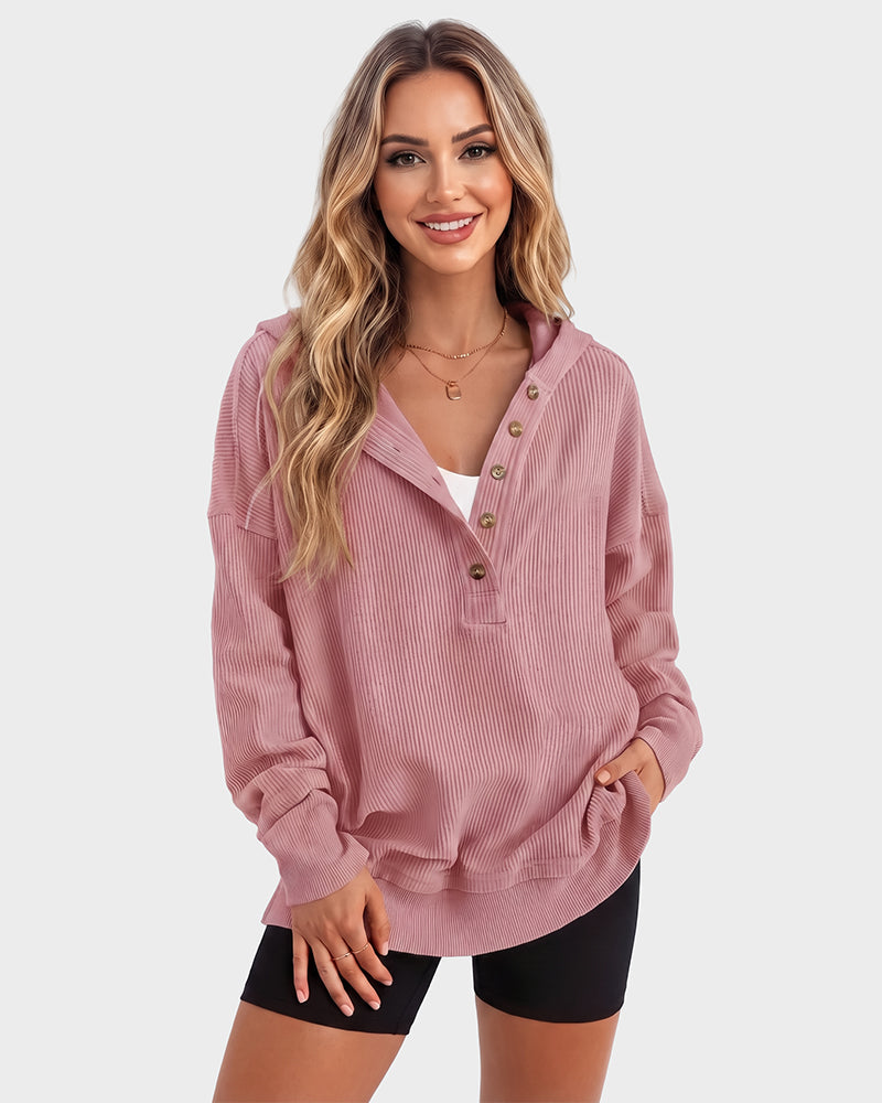 Women's oversized ribbed hooded sweatshirt with button placket and long sleeves