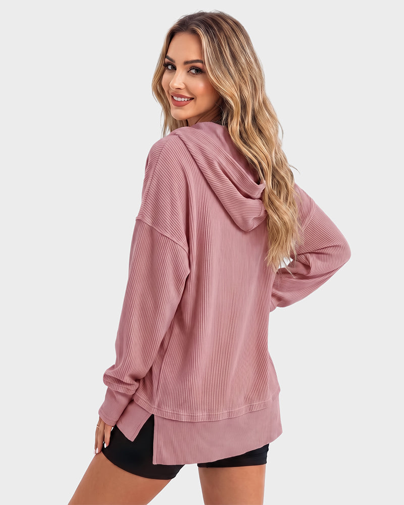 Women's oversized ribbed hooded sweatshirt with button placket and long sleeves