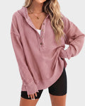 Women's oversized ribbed hooded sweatshirt with button placket and long sleeves
