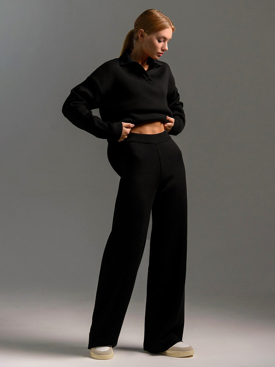 Women's polo-collar lounge set with long sleeves and wide-leg trousers