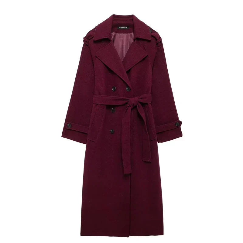 Women's burgundy long belted trench coat with double-breasted buttons and lapels