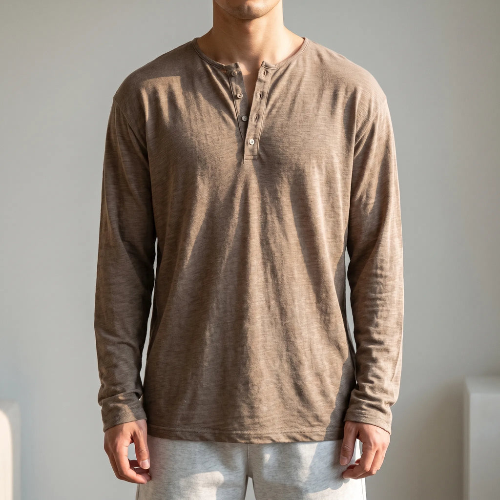 Oxtony  - Men's Long Sleeve Henley Shirt Casual Weekend Wear