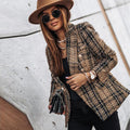 Women's checked blazer with long sleeves, lapels and button front