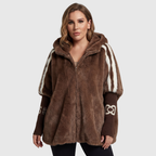 Women's oversized textured hooded winter jacket with striped sleeves