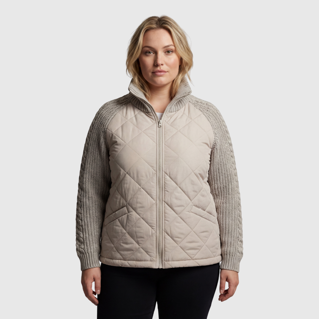 Women's quilted jacket with textured knitted sleeves, stand collar and zip front