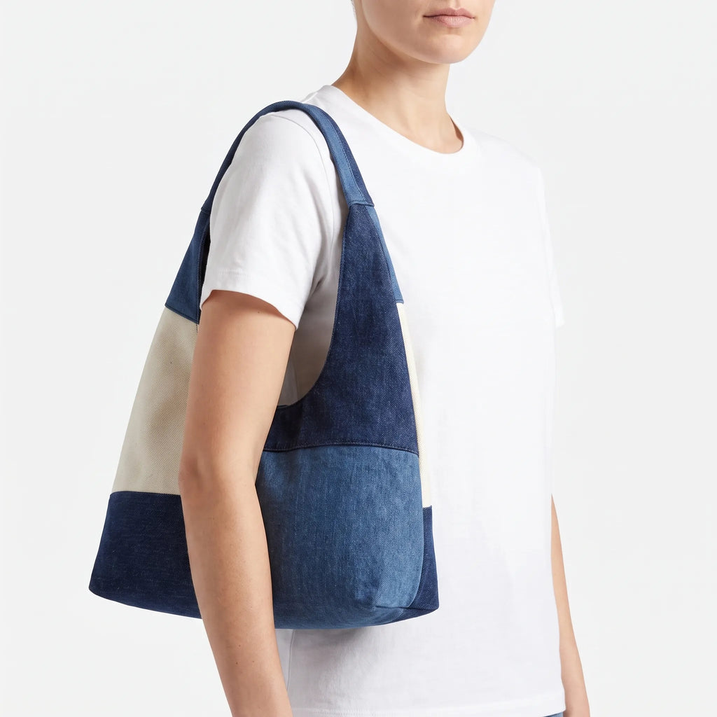Women's geometric patchwork hobo shoulder bag with contrasting blue panels