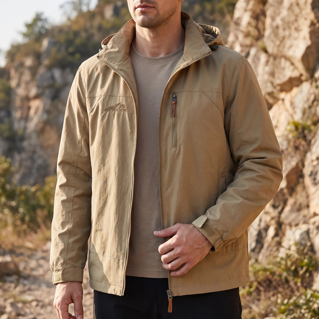 Men's hooded outdoor jacket with long sleeves, zip front and multiple pockets
