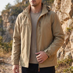 Men's hooded outdoor jacket with long sleeves, zip front and multiple pockets