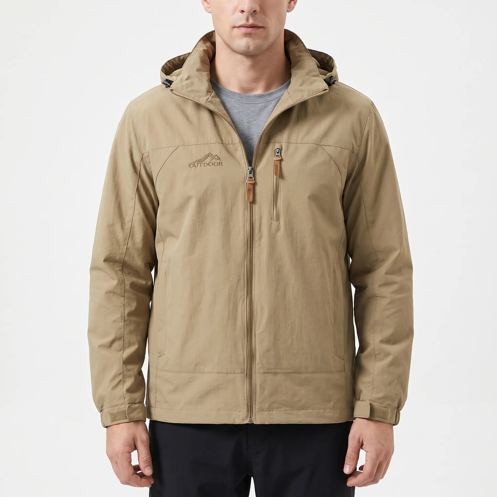 Men's hooded outdoor jacket with long sleeves, zip front and multiple pockets