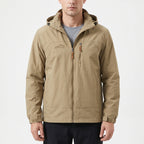 Men's hooded outdoor jacket with long sleeves, zip front and multiple pockets