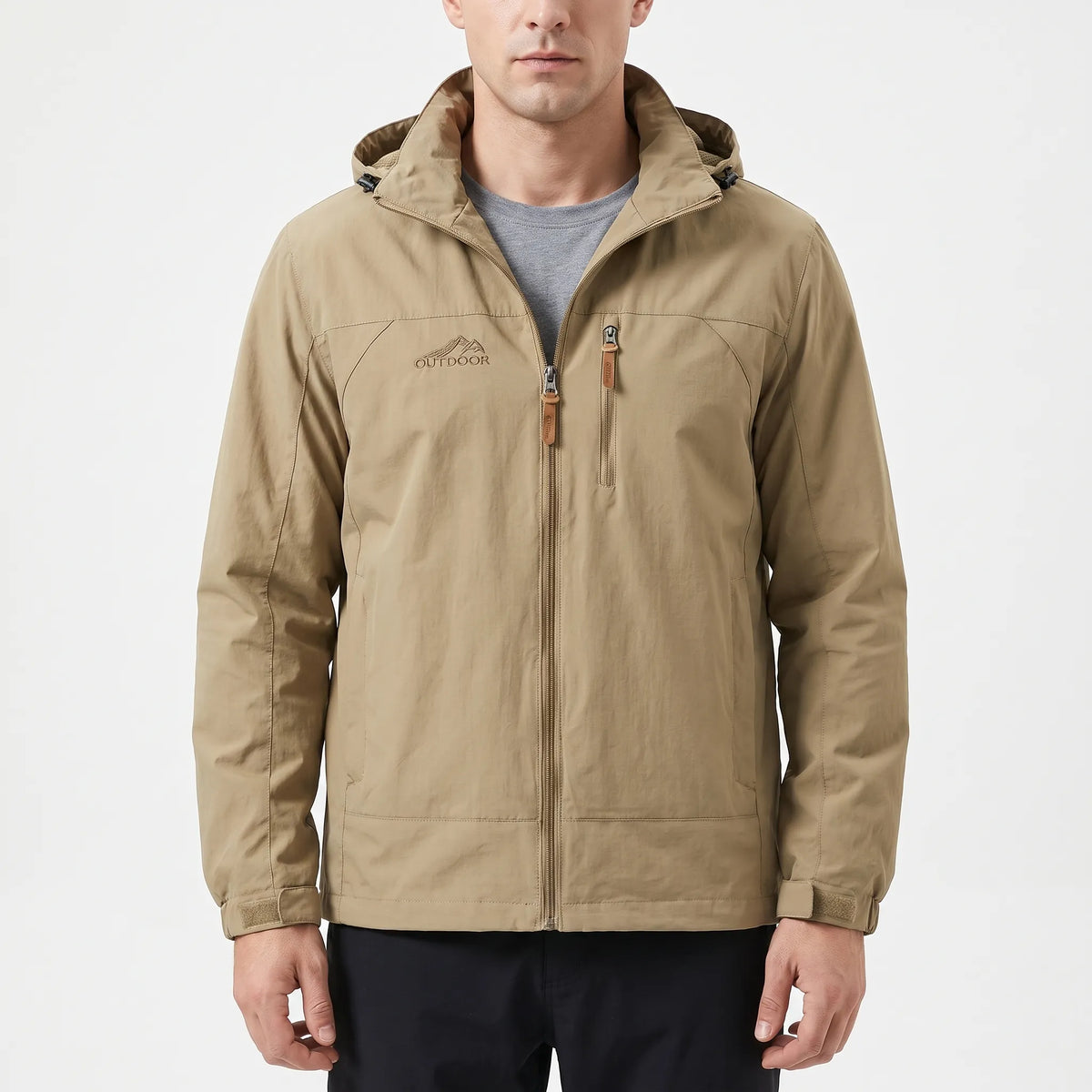 Men's hooded outdoor jacket with long sleeves, zip front and multiple pockets