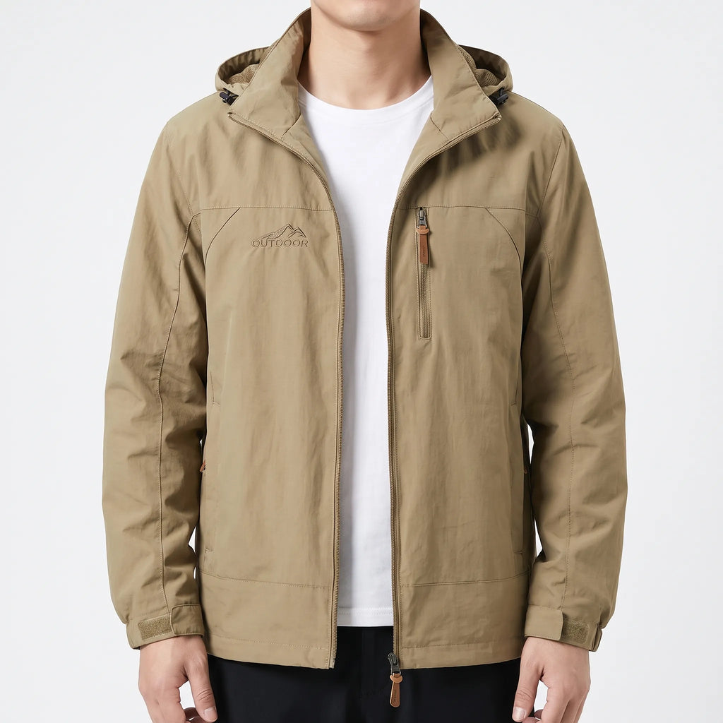 Men's hooded outdoor jacket with long sleeves, zip front and multiple pockets
