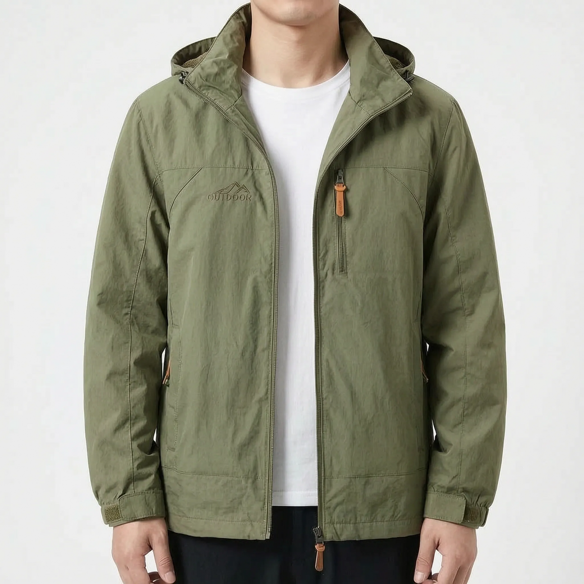 Men's hooded outdoor jacket with long sleeves, zip front and multiple pockets