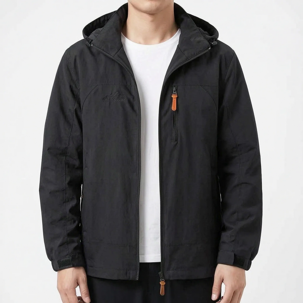Men's hooded outdoor jacket with long sleeves, zip front and multiple pockets