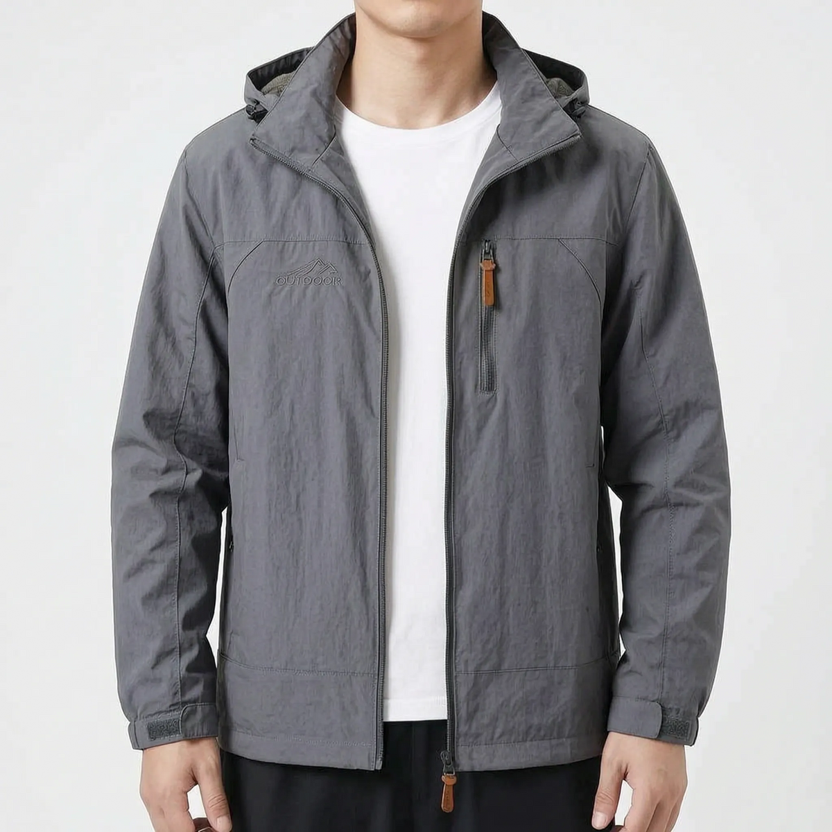 Men's hooded outdoor jacket with long sleeves, zip front and multiple pockets