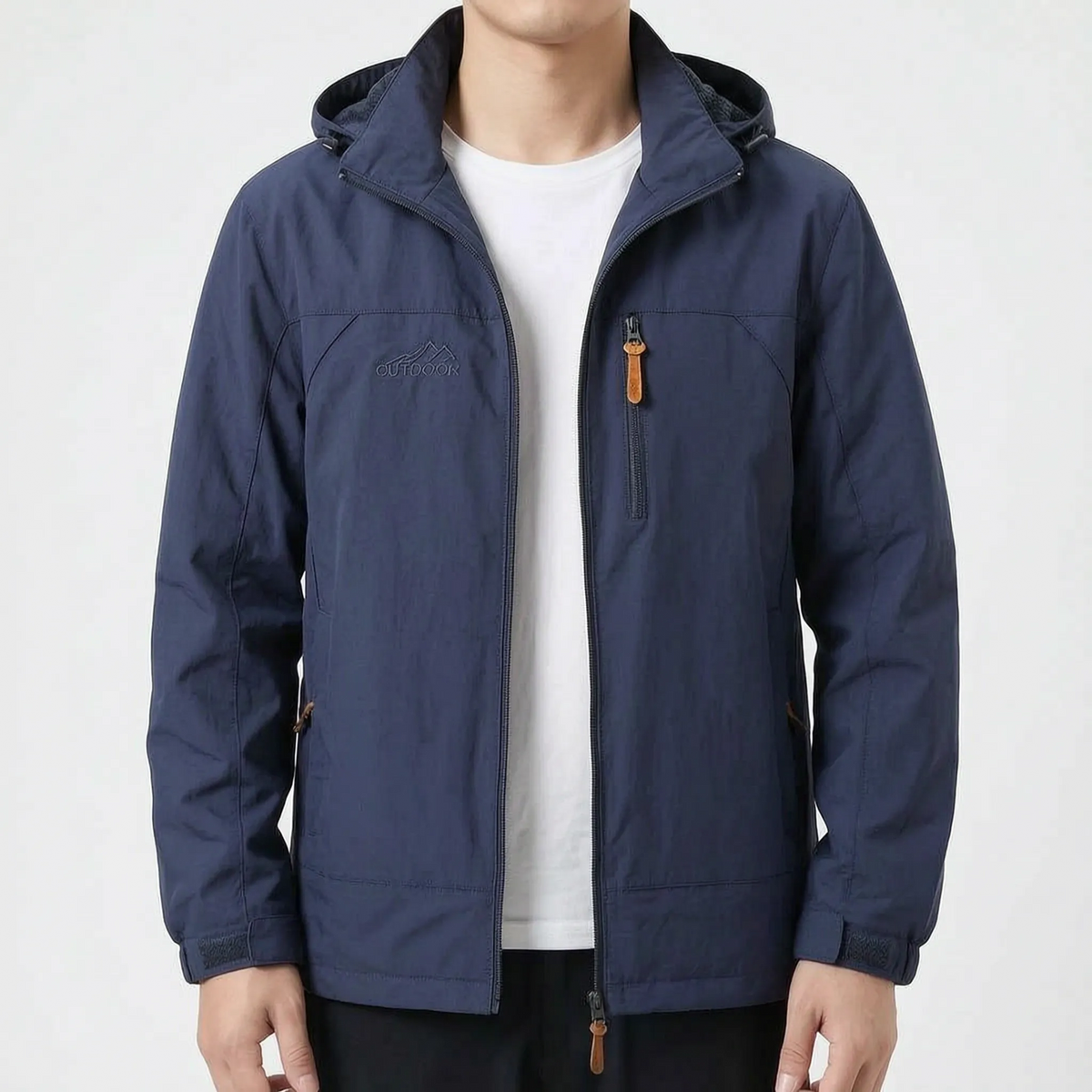 Men's hooded outdoor jacket with long sleeves, zip front and multiple pockets
