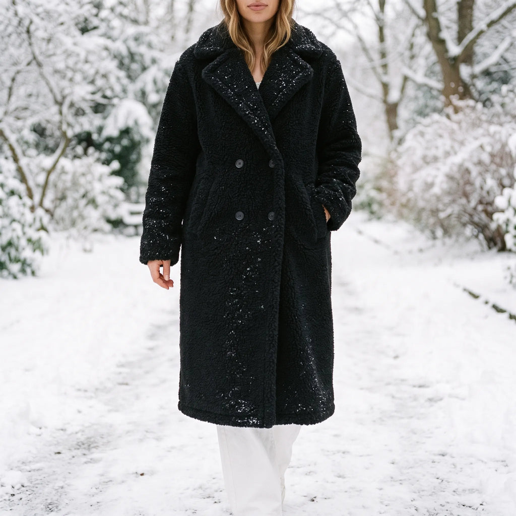 Women's long teddy coat with lapel collar and double-breasted buttons