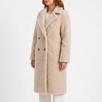 Women's long teddy coat with lapel collar and double-breasted buttons