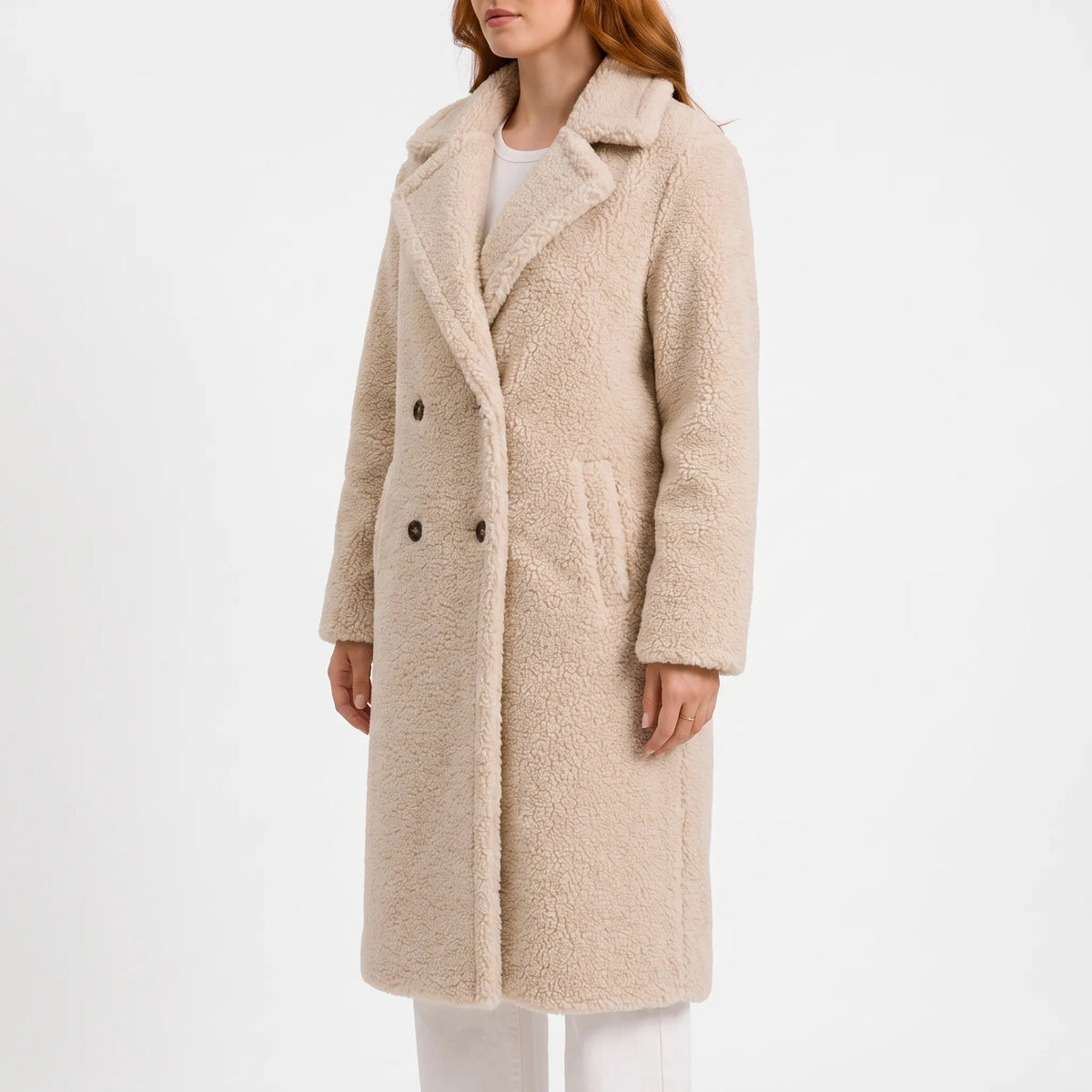 Women's long teddy coat with lapel collar and double-breasted buttons